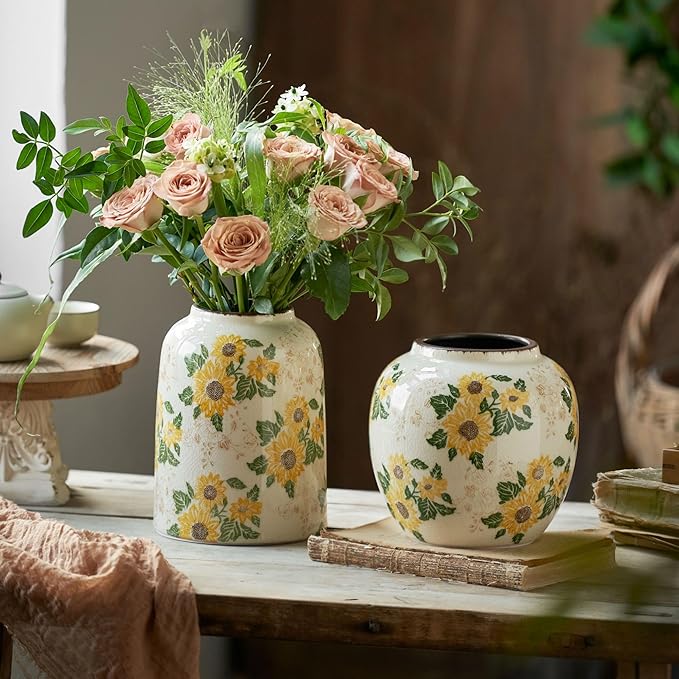 Levvohd Vintage Ceramic Vase, 7.9 Inch Chinoiserie Sunflower Yellow Floral Vases, Retro Ice Cracked Rustic Antique Flower Vases for Modern Coffee Table Home Decor (Medium Cylinder)