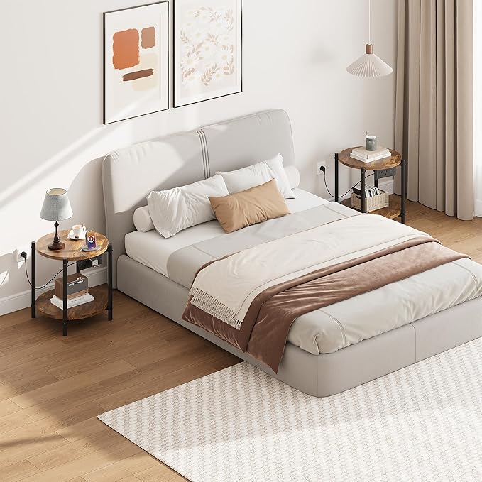 LIKIMIO Round End Tables, Set of 2, 16" W Small Round Side Tables with Charging Station, 2-Tier Modern Nightstands for Small Spaces, Living Room, Bedroom, Rustic Brown