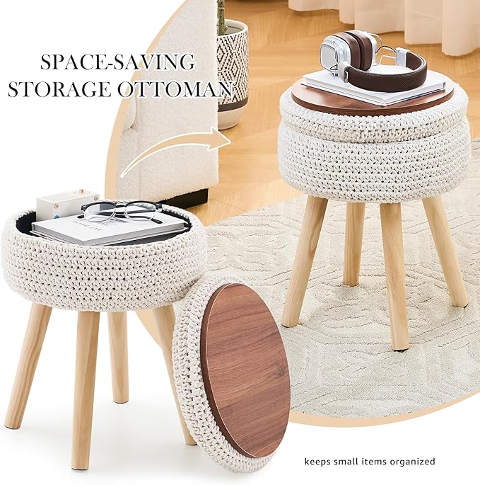 Round Foot Stool Ottoman with Storage Footrest with Wood Legs Cotton Knitted Vanity Stool Tray Top Coffee Table Multifunctional Upholstered Footstool for Living Room Bedroom White