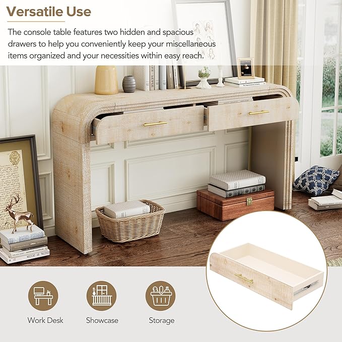 Console Table with Drawers, Unique Retro Silhouette Entryway Table Narrow Wood Sofa Table with Storage for Entryway, Hallway, Living Room, Dinning Room, Foyer, Corridor, Oak