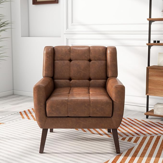 Pia Ricco 2 Pack Mid Century Modern Accent Chairs, Button Tufted Faux Leather Armchairs - Easy-Clean Matching Set for Living Room, Durable Sofa Chairs for Home Office & Lounge, Coffee