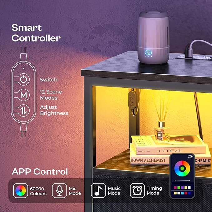 Huuger Night Stand with Charger Station and LED Lights, 4 Drawer Nightstand, Bed Side Table with Open Shelf, End Table, Fabric Dresser for Bedroom, Black