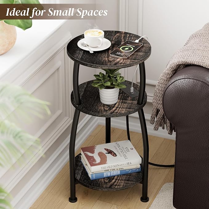 Round Side Table with Power Outlet & USB Ports, 3-Tier End Table with Storage Shelf, Modern Rustic Nightstand, Small Spaces Accent Table for Living Room Bedroom, Easy Assembly, Oak Dark