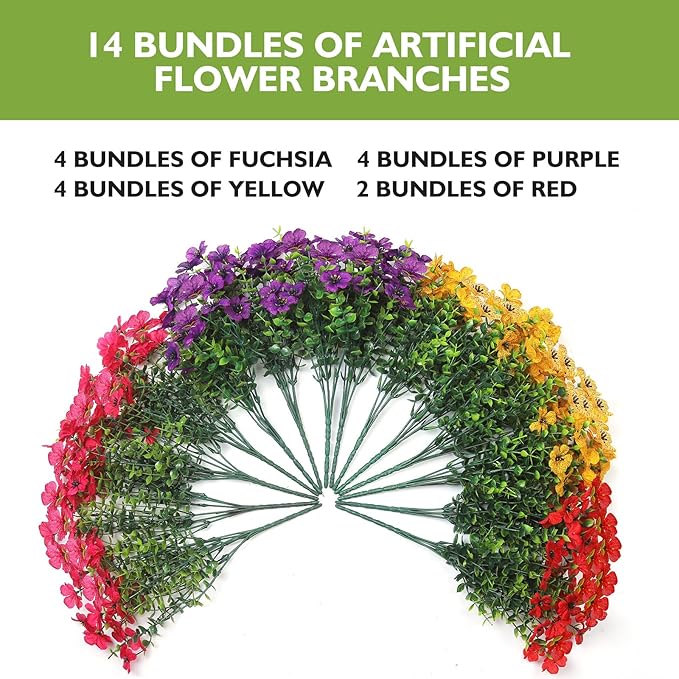 14 Bundles Artificial Flowers UV Resistant for Patio Outdoors Fake Faux Silk Plants Realistic Plastic Flowers Indoors Porch Window Home Decoration (14, Mixed Fuchsia Purple Yellow Red)
