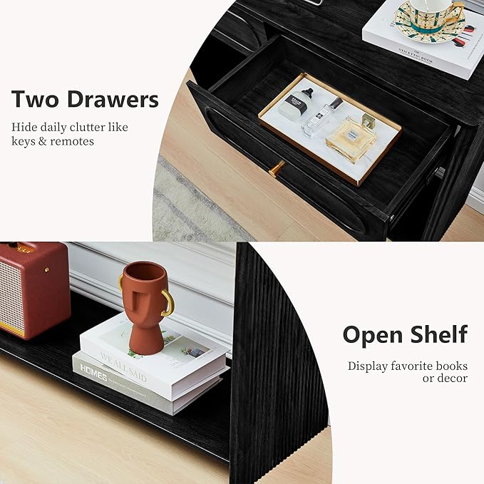 Fluted Console Table with Drawers, Mid-Century Narrow Entryway Table with Open Storage Shelves, Hallway Accent Tables Behind Couch Tables for Living Room (Black)