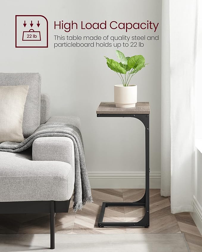 VASAGLE C-Shaped End Table, Side Table for Sofa, Couch Table with Metal Frame, Small TV Tray Table for Living Room, Bedroom, Greige and Black