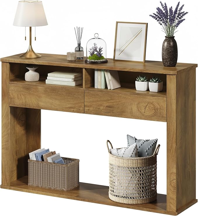 45 Inch Farmhouse Console Table, Entryway Table with Storage Shelves, 3-Tier Fluted Couch Tables Behind Sofa, for Hallway, Foyer, Living Room, Natural Oak