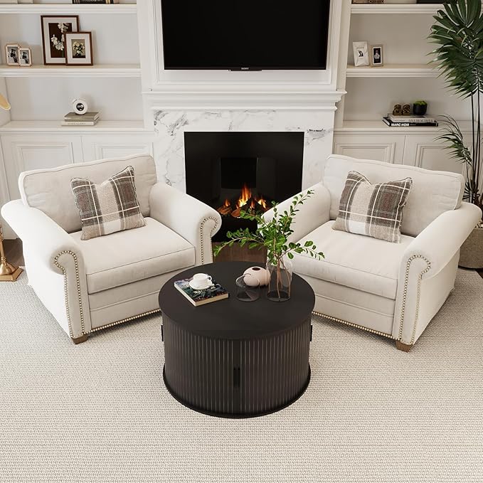 SoarFlash 31.5 Inch Fluted Coffee Table with Storage, Mid Century Modern Round Coffee Table with Shelf, Center Table with Sliding Door and Wood Fluted Handle for Living Room, Black