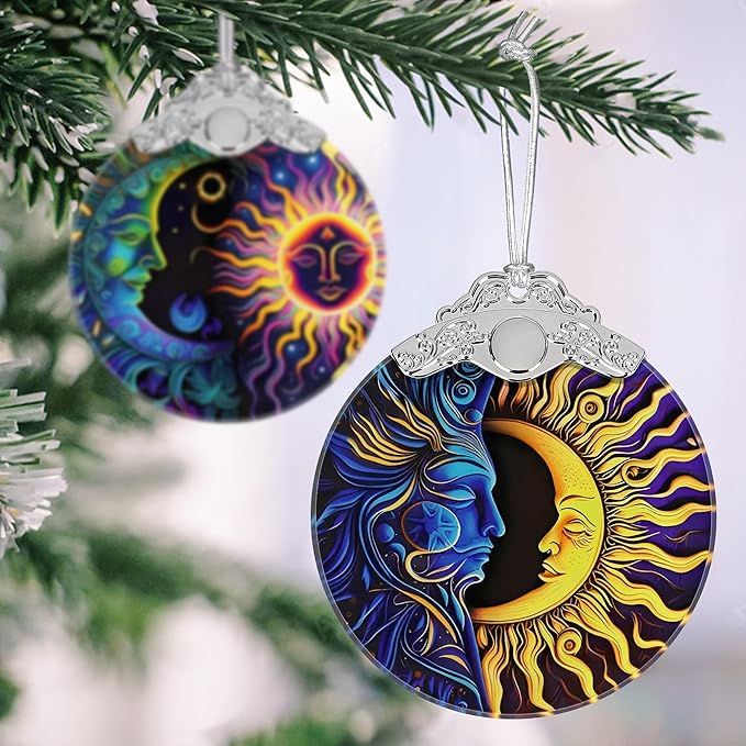 Sun Moon Christmas Ornament - Stained Glass Hanging Decoration for Holiday Tree, Home Decor, Gift Exchange Idea - Sun and Moon Last Forever