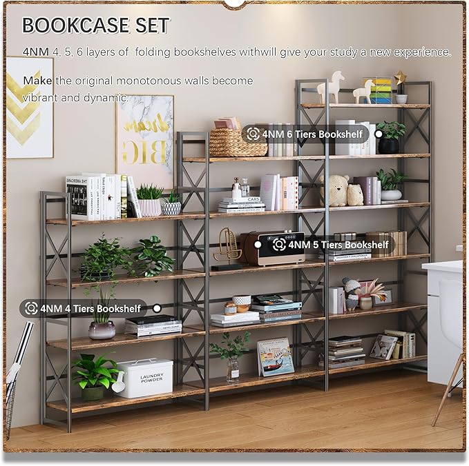 4NM Extra Wide 6 Tiers No Assembly Book Shelves, 61.8" H Folding Bookshelf Bookcase Open Industrial Foldable Shelves for Bedroom, Living Room, Home Office - Rustic Brown Black