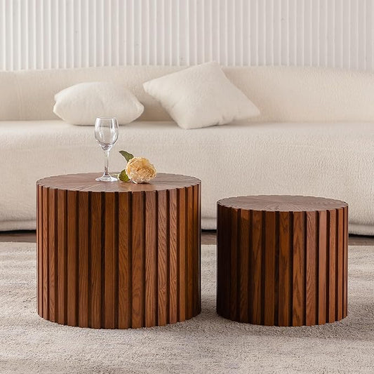 Nesting Coffee Table Set of 2, Modern Round Wooden Circle Accent Coffee Tables for Small Spaces Living Room Bedroom Balcony Office Drum Side Table