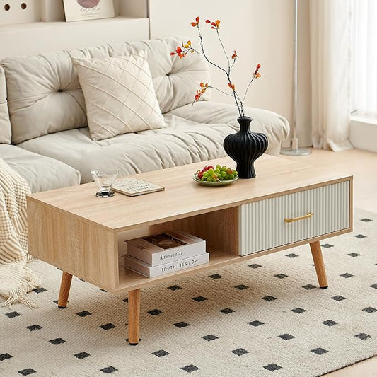IANIYA Boho Coffee Table with Storage, Dining Table with Rattan Drawer and Solid Wood Legs, Small Center Tables for Living Room Small Space (Natural/White)