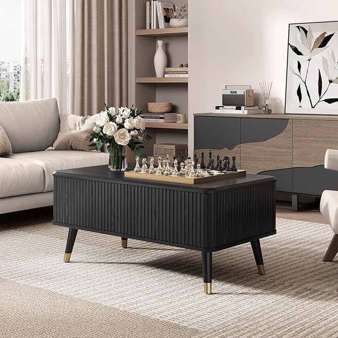 Lift Top Coffee Table with Storage Shelf & Hidden Compartment, Mid Century Modern Fluted Rectangle Dining Table for Living Room, Home Office,Black