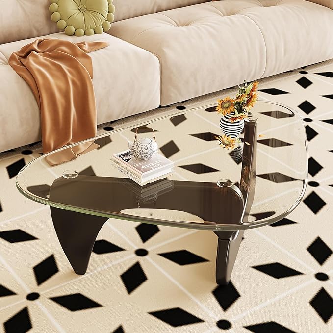 Coffee Table for Living Room Mid Century Modern Center Table with Glass Top, Black Transparent