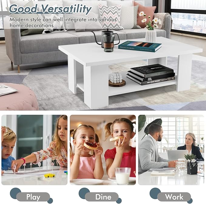 Tangkula 2-Tier Coffee Table, Modern Rectangular Center Cocktail Table with 5 Support Legs, Wooden Accent Living Room Furniture, Small Coffee Table for Small Spaces, Easy Assembly (White)