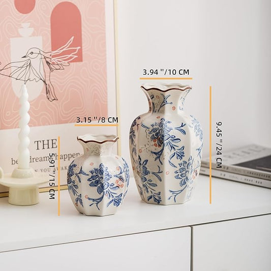 Blue and White Vase, Vintage Blue Ceramic Flower Vessel,Ceramic vases for Home Decor,Vintage Green and Beige for Console Table Mantle Chinoiserie Decor (Blue and White-02, Small)