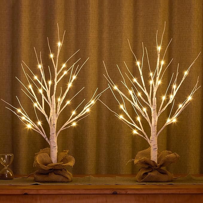 Lighted Birch Tree Christmas Decorations, 2Pack 2FT USB Rechargeable Tabletop Tree with LED Lights, Pre-Lit Artificial Mini Money Trees for Home Centerpiece Fireplace Party Decor(Timer)