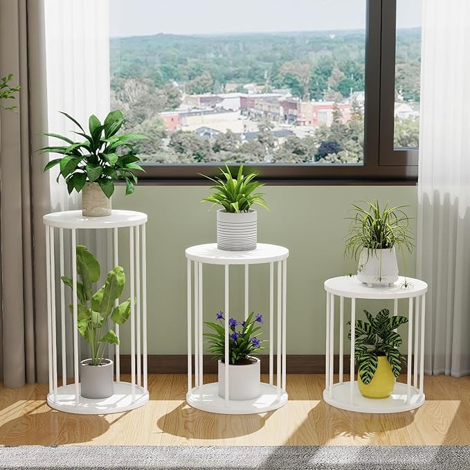 Plant Stand Indoor,small plant stool,Flower Pot Corner stand holder,Mid Century Heavy Duty Metal Tall Home Decor,Modern Round End Table,Small Rustic Display Stand for Living Room,Bedroom (White,3 Packs)