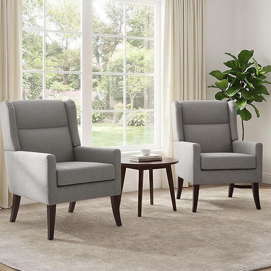 High Back Living Room Chairs, Fabric Accent Chair, Comfy Upholstered Armchair with Wooden Legs for Living Room, Bedroom, Apartment (2, Grey)