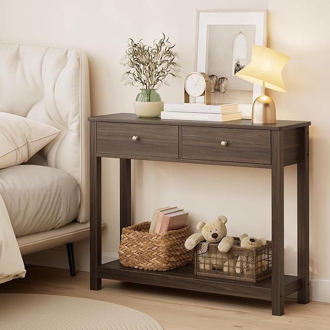 Gizoon Console Table with 2 Drawers, 2-Tier Wood Entryway Table with Storage Shelves, 39" W Wood Accent Sofa Table for Front Hall, Hallway, Living Room, Dark Brown