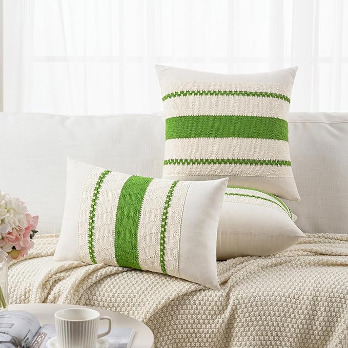 Fancy Homi Set of 2 Boho Lime Green Decorative Throw Pillow Cover 16x16 Inch for Couch Bed Sofa, Aesthetic Modern Organic Farmhouse Home Decor, Soft Cotton Cute Accent Macrame Woven Cushion Case