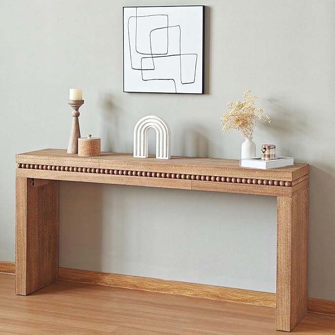 64" Console Table for Living Room, Long Sofa Table Behind Couch with Real Wood Beads Decoration, Retro Entryway Table for Hallway Foyer, Wood Color