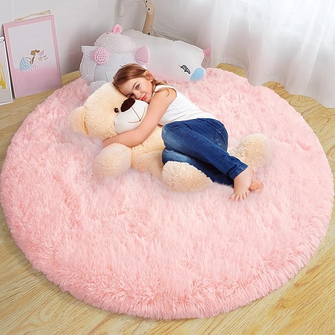Round Fluffy Rugs 6Ft for Girls Bedroom, Pink Shag Circle Kids Rug Non-Slip for Bedside Dorm Nursery Playroom, Soft Cute Area Rugs for Living Room Decor