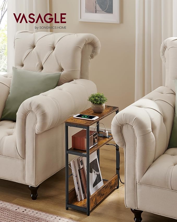 VASAGLE Side Table with Charging Station, Narrow End Table, 3-Tier Nightstand, Sofa Table for Small Spaces, Magazine Rack, for Living Room, Bedroom, Study, Rustic Brown and Ink Black ULET335K01