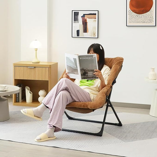 Comfy Saucer Chair for Adults, Soft Faux Fur Bedroom Chair with Ottoman, Accent Dorm Chairs, Living Room Reading Chairs and Footstool, Folding Lounge Seat for Teens, X-Large, Brown