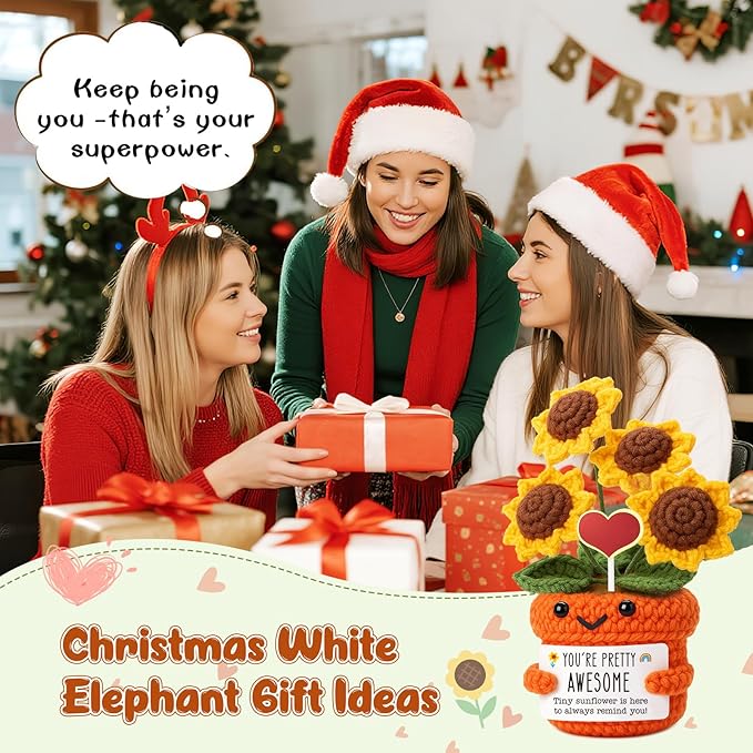 Mini Inspirational Gifts for Women Handmade Crochet Positive Affirmation Sunflower for Teacher, Mentor, Nurse, Coworker, Emotional Cheer Up Support, Birthday, White Elephant Christmas Stocking Stuffer