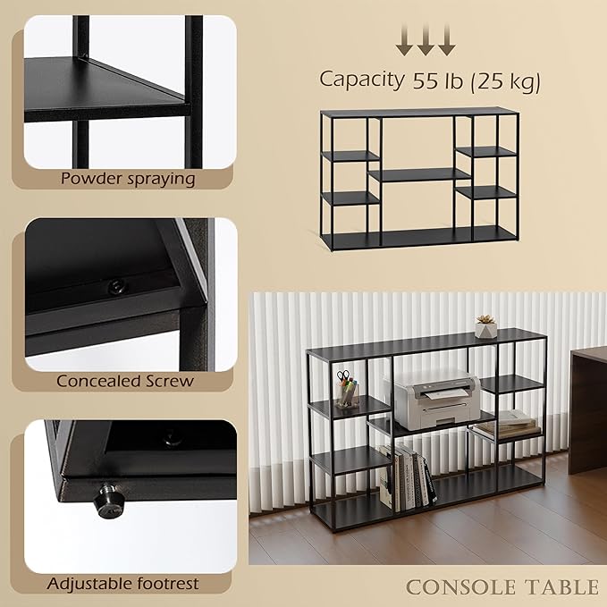 47 Inch Metal Console Table with 8 Storage Shelves,Extra Long Entryway Table,Narrow Sofa Table,Hallway Table for Entrances to Corridor,Foyer,Living Room (Black, 47.24×11.81×31.5in)
