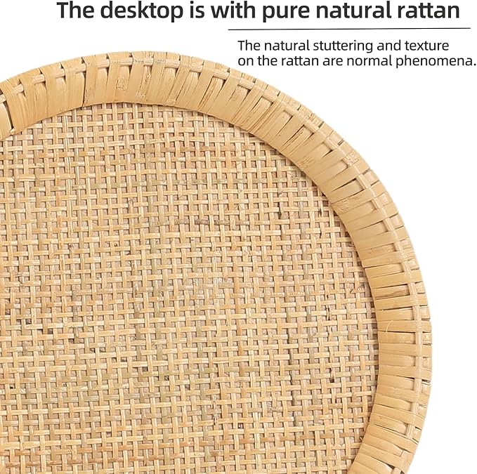 Drink Table，Rattan Round Small Side Table for Small Spaces, Boho Circle End Table Coffee Table with Solid Wood Leg for Living Room, Pedestal Table for Bedroom, Corners