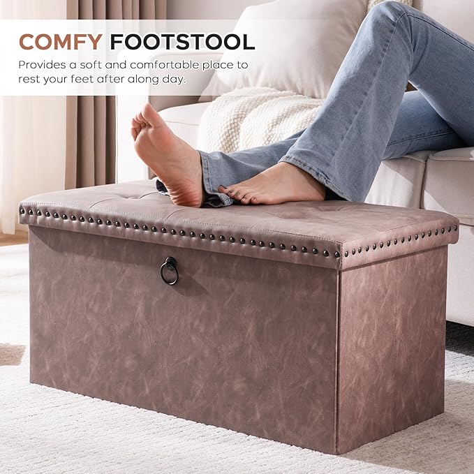 30 Inches Storage Ottoman Bench, Foldable Foot Rest with Rivet Design, 15 x 30 x 15 Inches, End of Bed Bench Footstool, Storage Chest, Load up to 330 lb, for Living Room, Bedroom, Entryway, Oak Brown