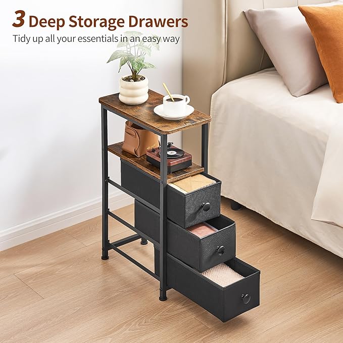 End Table, Narrow Side Table with 3 Fabric Drawers, Slim Nightstand, Small Bedside Table with Storage, Living Room, Bedroom, Rustic Brown HKET1300BR