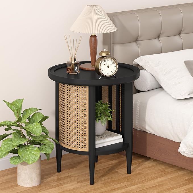 Yusong Round End Table Rattan Style Side Table with Solid Wood Legs, Boho Style Nightstand Bedside Table with 2-Tier Shelves, Small Coffee Table for Living Room Bedroom Small Spaces Black