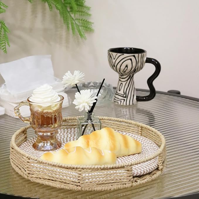 GYASVWU Round Decorative Serving Tray with Handles, Paper Rope Woven Tray for Coffee Table, Rattan Serving Tray for Ottoman, Dining Table Trays, Wicker Trays for Kitchen/Living Room/Bedroom (Beige)