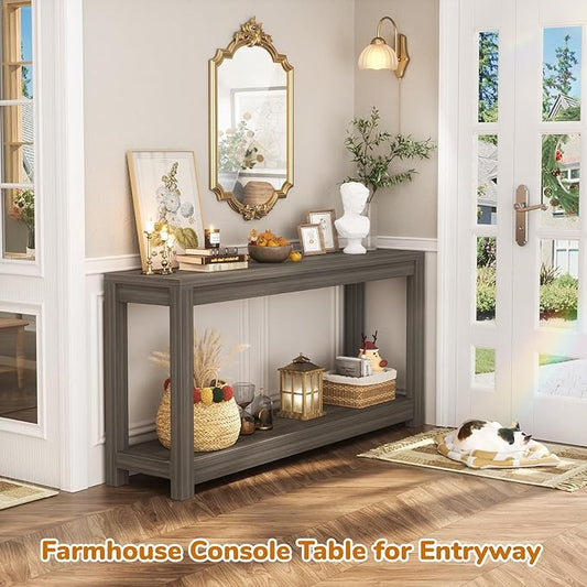 47" Farmhouse Wood Entryway Table Narrow Console Table with Storage Behind Couch Sofa Table with Shelves Entry Way Table with Open Storage, Easy Assembly, Grey Walnut