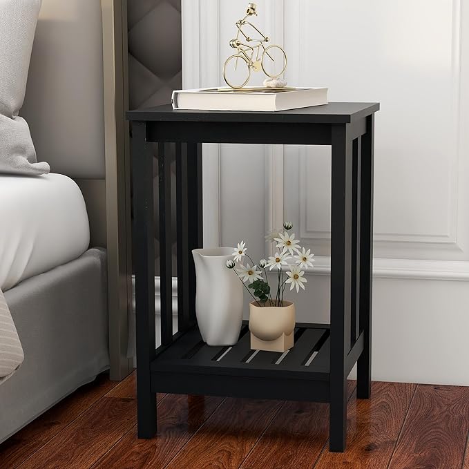 TaoHFE Black Modern Square End Table with Open Storage Shelf - Rustic Wooden Bedside Table for Living Room, Office, Bedroom