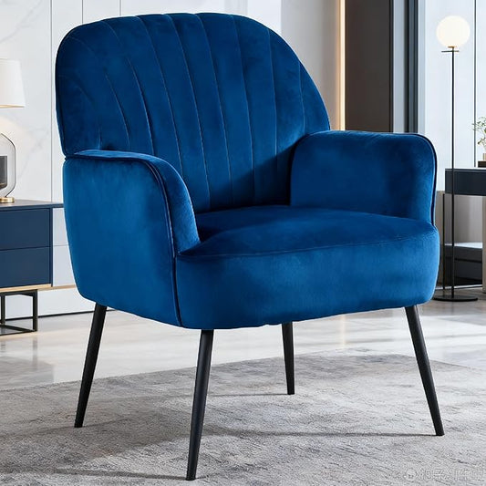 Velvet Accent Chair, Modern Upholstered Single Sofa Side Living Room Chair, Comfy Reading Armchair with Metal Legs for Bedroom, Waiting Room, Office and Cafe, Blue