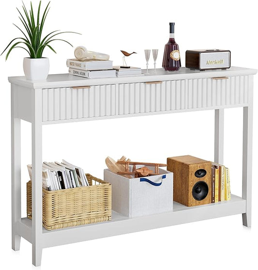 51 inch Entryway Table with Storage, Narrow Console Table with 3 Drawers, Modern Sofa Table with Open Storage Shelf for Living Room, Foyer Hallway, White