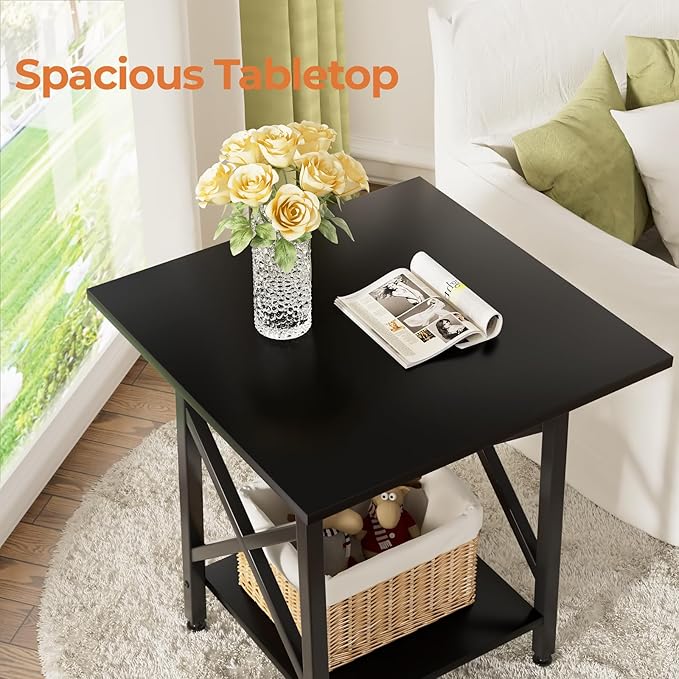 GreenForest End Table 24 inch for Living Room, Large Square Side Tables with X-Frame, Tall Industrial Bedside Nightstand with 2-Tier Storage, Black