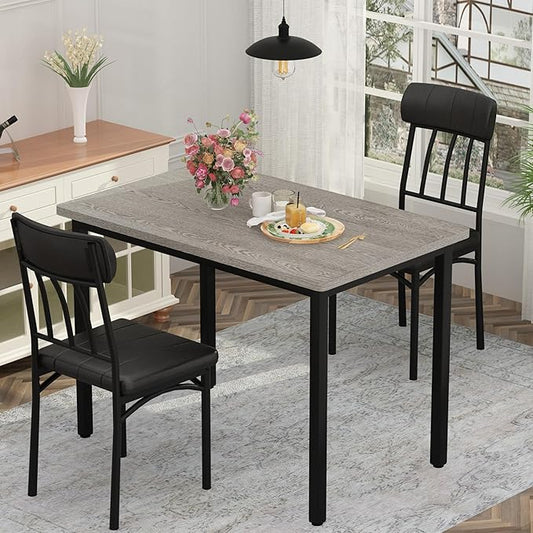 AWQM 3 Piece Dining Table Set for 2, Small Industrial Kitchen Table and 2 Chairs, Kitchen Breakfast Dining Table Set, Breakfast Table Set for Dining Room, Living Room, Apartment, Small Space, Grey