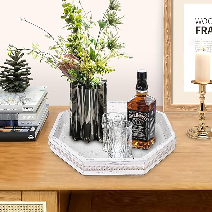 Wooden Decorative Tray, Small Serving Tray with Wood Bead, Farmhouse Big Tray for Ottoman, Countertop, Coffee Tabl, 13" x 13"x 1.6" (Retro White)