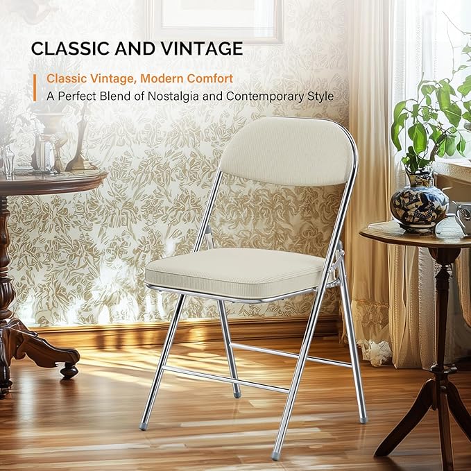 VINGLI 6 Pack Folding Chairs with Padded Seat & Backrest, Metal Frame, Durable Corduroy Fabric, 350 lbs Capacity, Set of 6, Off-White – Ideal for Weddings, Parties, Office Events