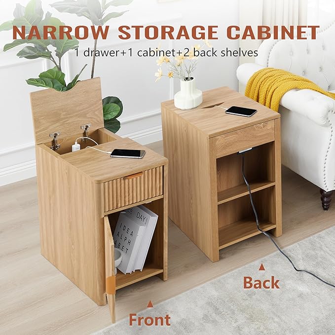 Fluted Narrow End Table with Charging Station, Boho Side Table with Drawer Storage, Small Night Stand with Power Outlets and USB Ports, Sofa Side Table for Living Room - Natural