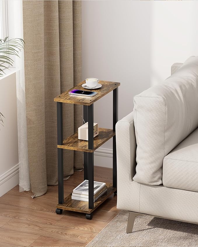 TUTOTAK Small Side Table, Narrow End Table, Bedside Table, Couch Side Table with Wheels for Living Room or Bedroom, Brown TB01BB061