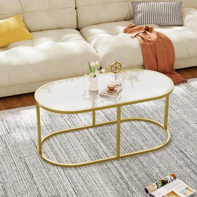 Coffee Table Gold Glass Coffee Table for Living Room, Oval Table Center Table with Ribbed Glass Top and Sturdy Metal Frame,Modern Glass Accent Tables for Bedroom Home Office