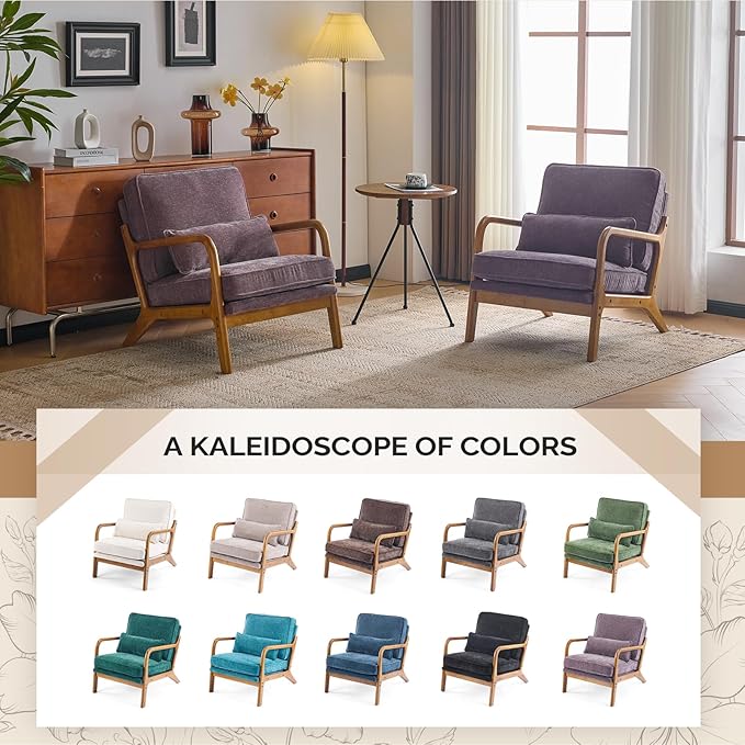 VINGLI Chenille Mid-Century Modern Accent Chair Set of 2, Cute Reading Arm Chair with Cushion & Lumbar Pillow & Solid Wood Frame for Lounge, Living Room, Reading Room, Bedroom, Light Purple