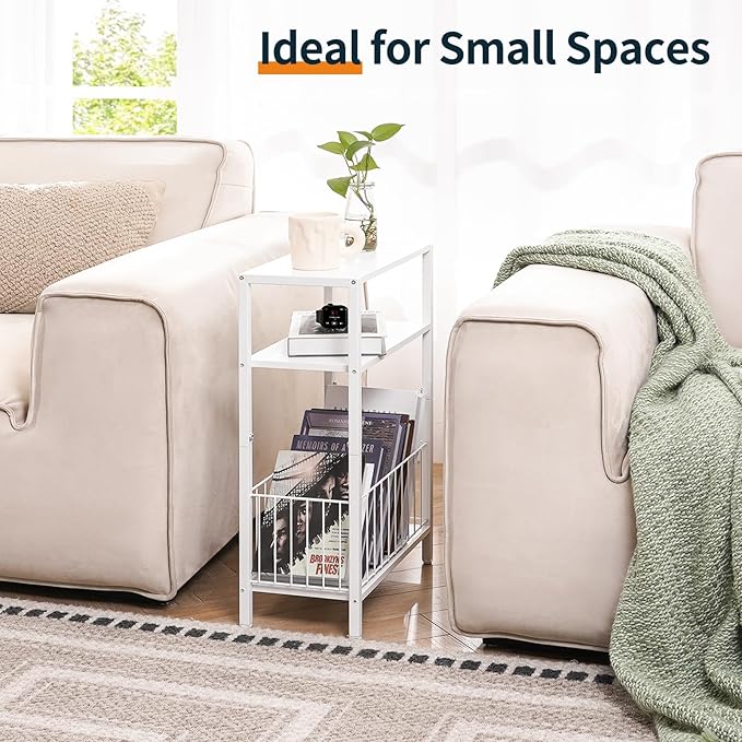 Yoobure Narrow Side Table with Storage Basket, Small End Table for Small Spaces, Skinny Side Tables Living Room Bedroom Office, Slim Nightstand 3 Tier Bedside Table Space-Saving for Magazine, White