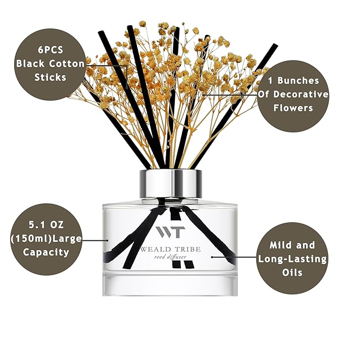 Flower Reed Diffuser Set Cashmere Tobacco Scent for Bathroom Accessories Shelf Decor & Air Fresheners, Sticks Defusers with 5.1 fl oz Essential Oils & Leaves, House Bedroom Office Decor & Gifts